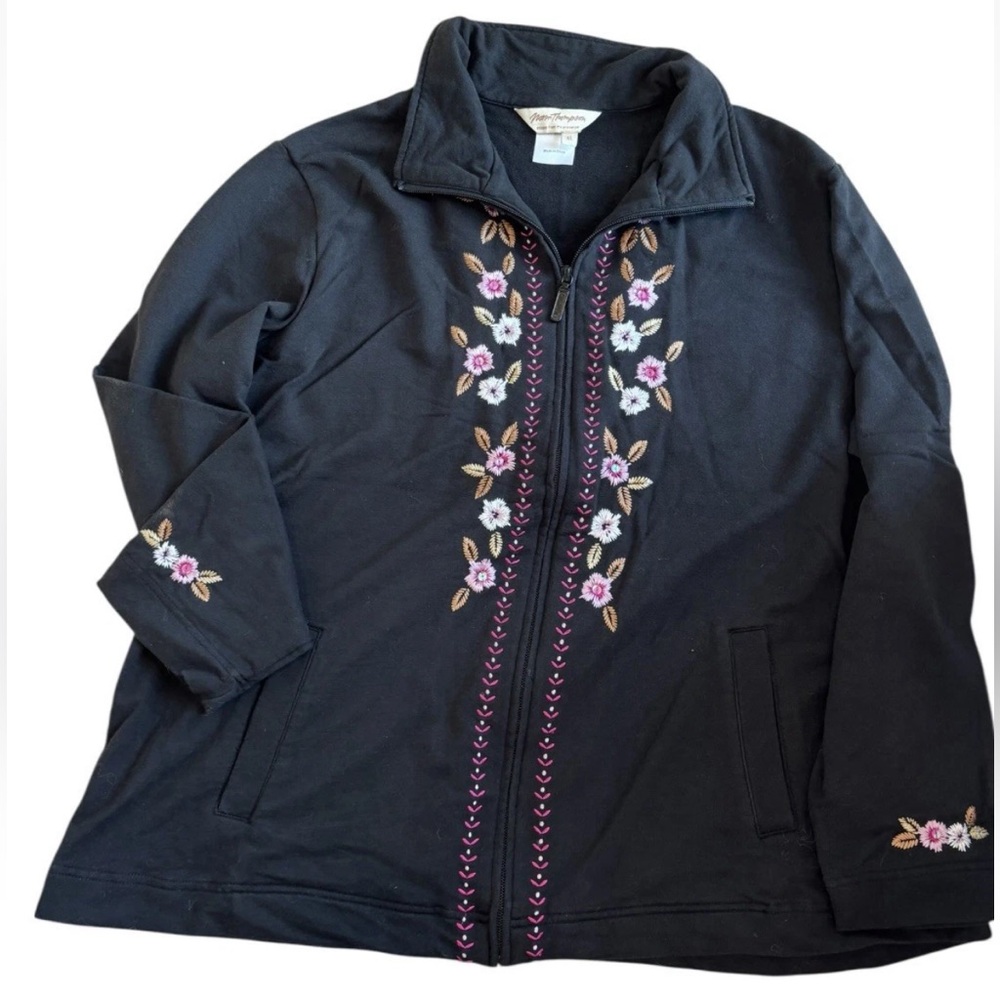 Floral Embroidered Cottage Cardigan Zip Black Pink XL Granny Norm Thompson Cabin